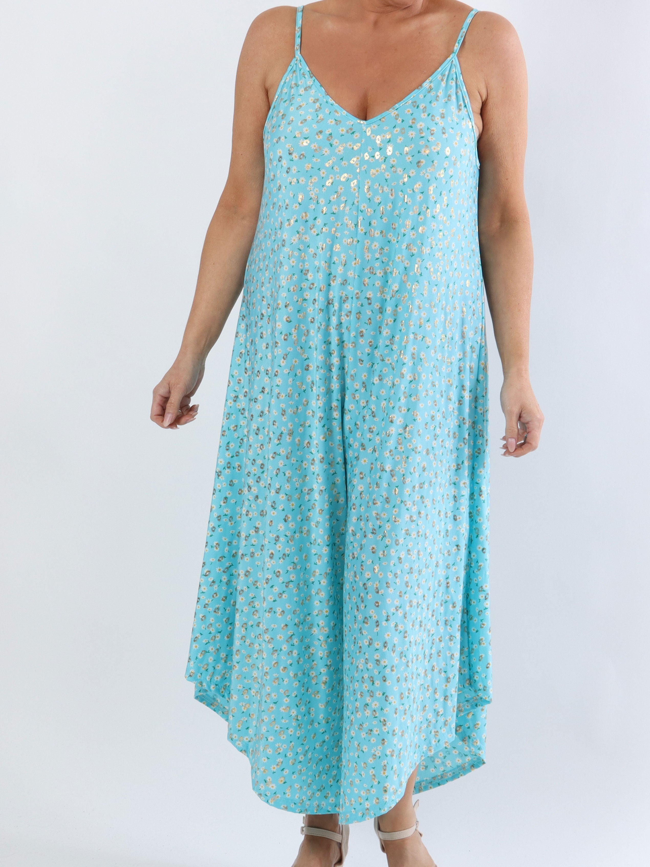 Felicia flower - Plus size byxdräkt med vida ben i stretchigt tyg